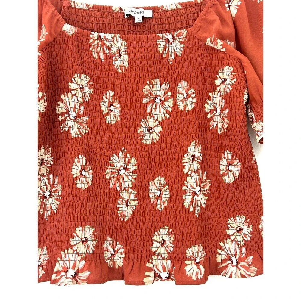 Madewell Georgette Lucie Top Sz M Womens Puff Sleeve Smocked Bodice Moody Blooms